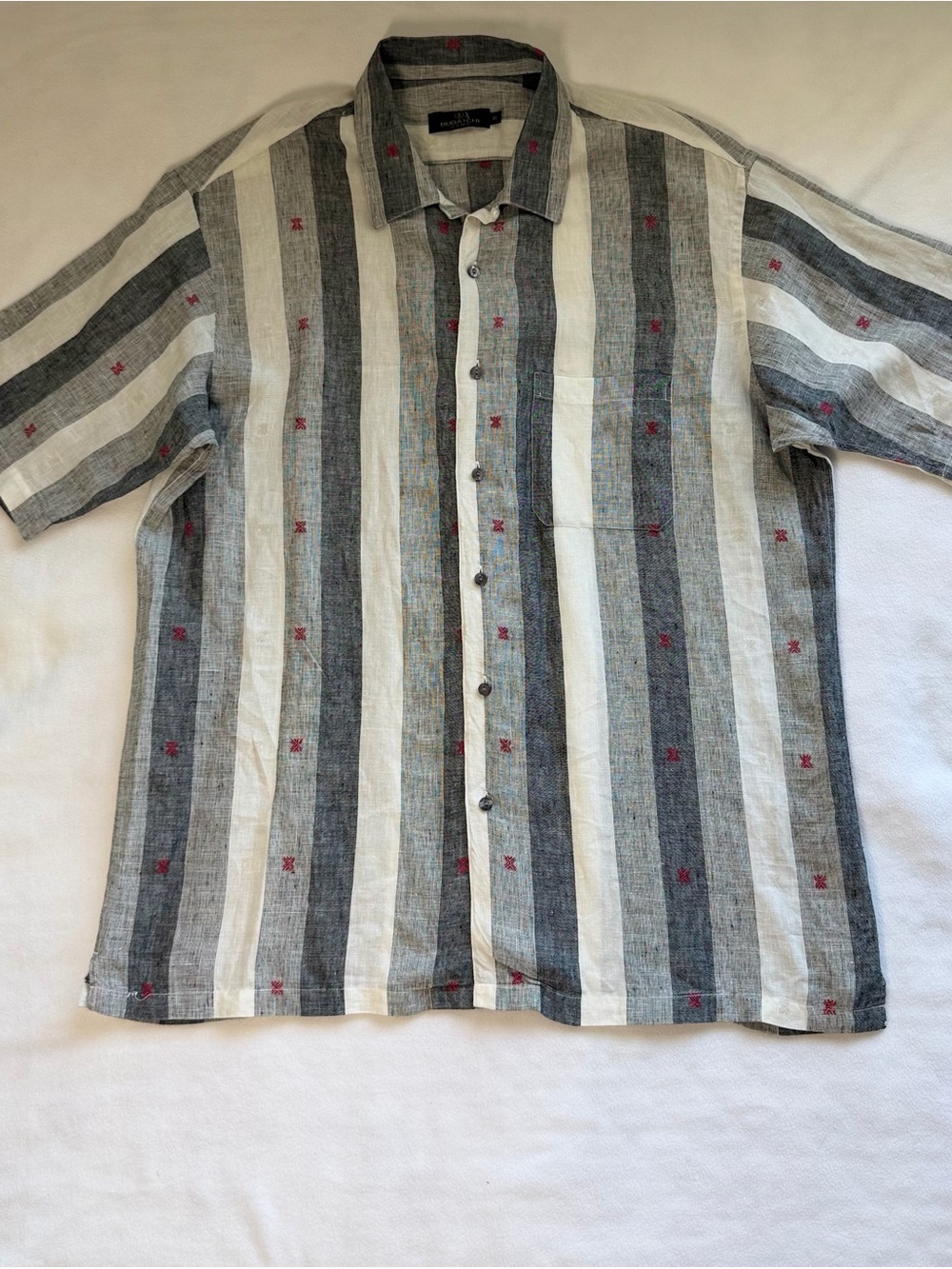 BUGATCHI UOMO Men's Short Sleeve Striped Resort Shirt Linen Blend XL.